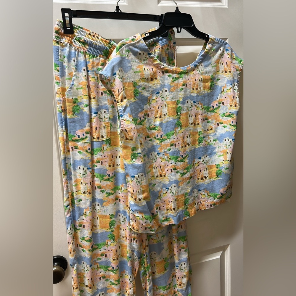 Cynthia Rowley Blue and orange linen blouse and matching pants